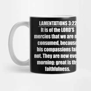 Lamentations 3:22 Bible verse " It is of the LORD'S mercies that we are not consumed, because his compassions fail not." King James Version (KJV) Mug